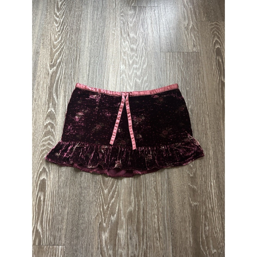 VTG Abercrombie Burgundy Velvet Floral Pleated Mini Skirt Y2K Coquette RARE
